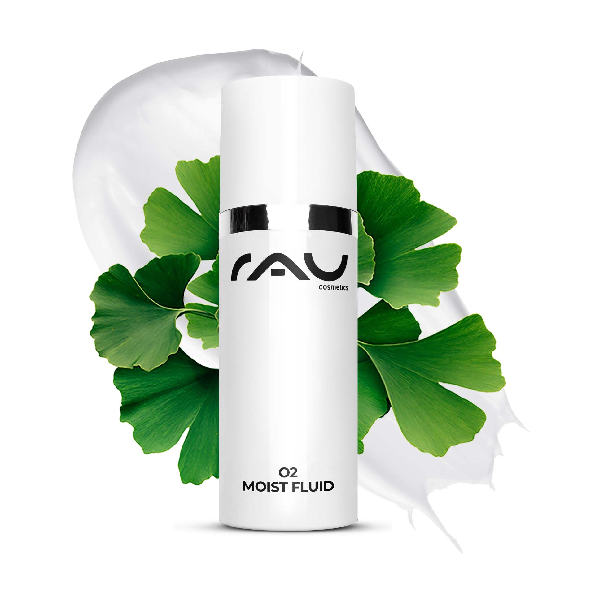Flasche RAU O2 Moist Fluid mit Ginkgoblättern und cremefarbenem Hintergrund, die die Vorteile der Feuchtigkeitsversorgung und Hautverjüngung für trockene und reife Haut hervorhebt.