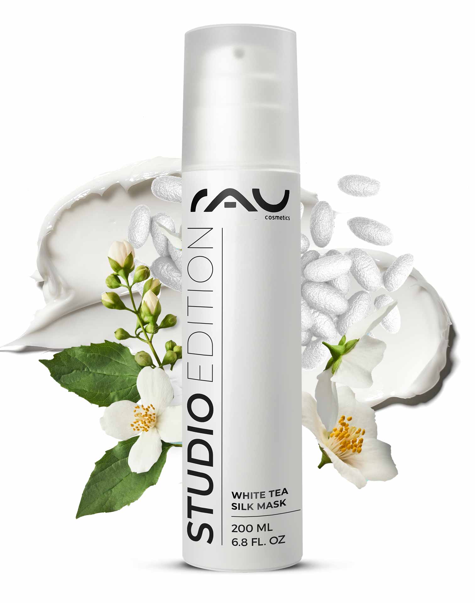 Шелковая маска с белым чаем 200 мл Rich Cream & Mask White Tea Silk Mask von RAU Cosmetics, 200 ml Behälter mit floralen Elementen, mit pflegenden Inhaltsstoffen wie weißem Tee und Seidenproteinen, entwickelt für empfindliche und trockene Haut.