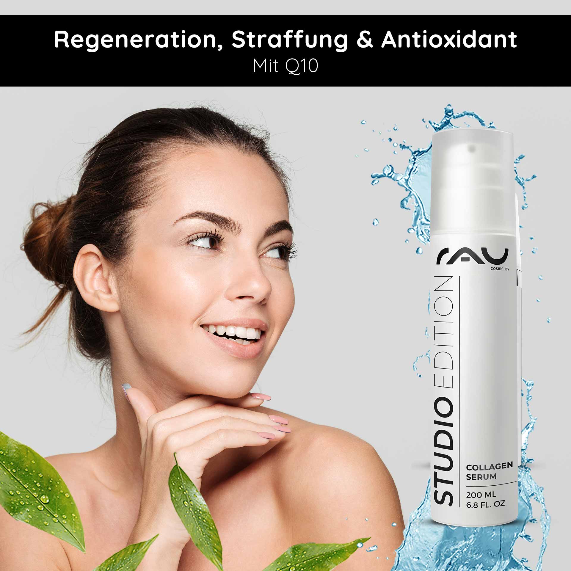 Caviar 24h Cream 200 мл Уход за кожей с экстрактом икры Frau mit strahlendem Gesicht und Collagen-Serum von RAU Cosmetics, umgeben von grünen Blättern und Wassertröpfchen, betont Regeneration, Straffung und antioxidative Eigenschaften mit Q10.