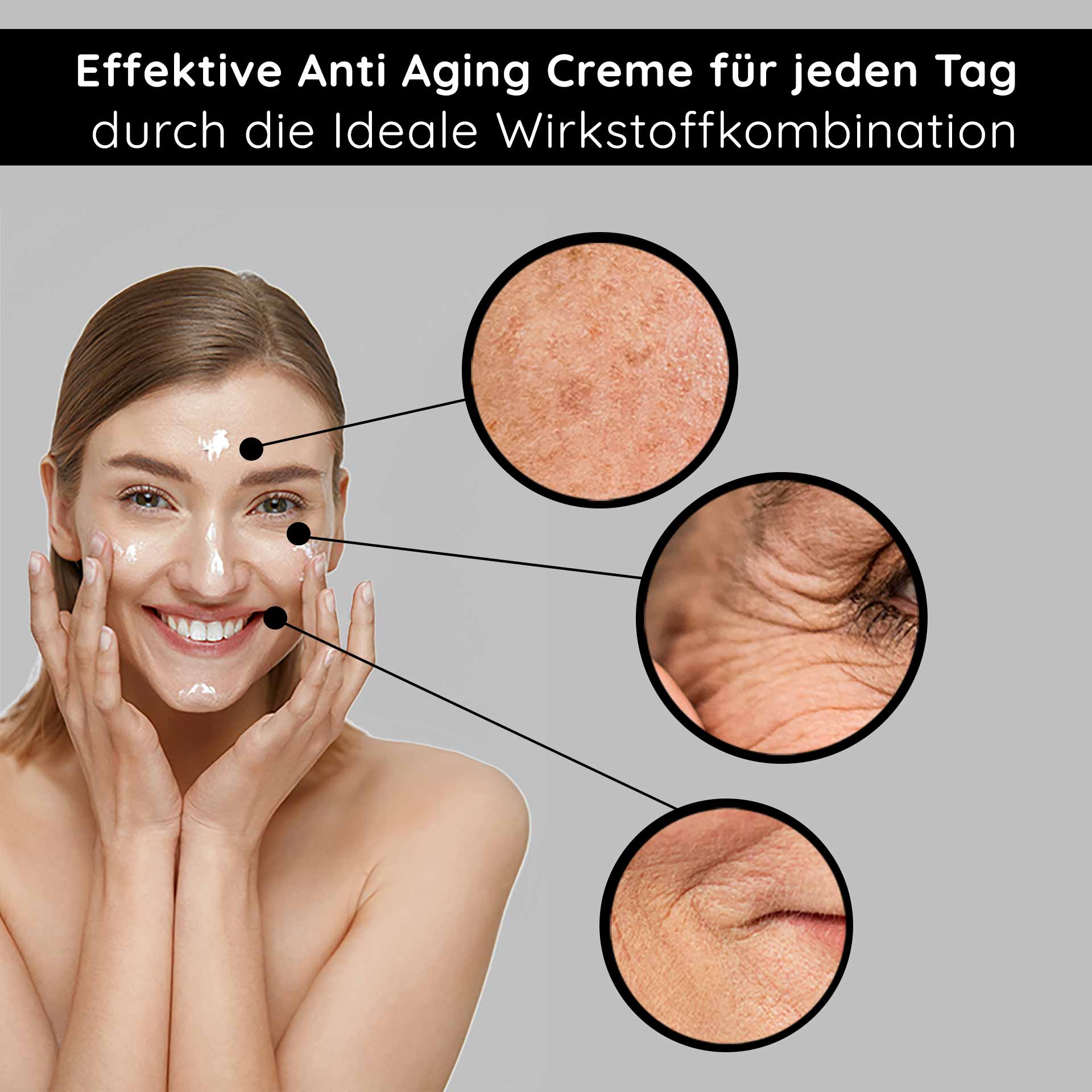 Крем с белым чаем 200 мл Антивозрастной крем с белым чаем Effektive Anti-Aging-Creme für jeden Tag, lächelnde Frau mit Creme auf dem Gesicht, Hautveränderungen wie Falten und Trockenheit hervorgehoben.