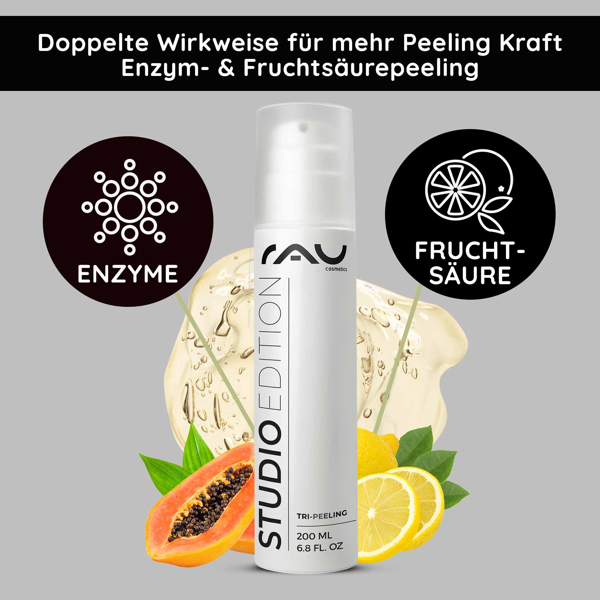 Tri-Peeling 200 мл Пилинг с энзимами и фруктовыми кислотами Flasche Tri-Peeling von RAU Cosmetics, 200 ml, mit Abbildung von Enzymen und Fruchtsäuren, umgeben von Papaya- und Zitrusfrüchten, auf grauem Hintergrund, betont die multifunktionale Wirkung und Hautpflegeeigenschaften.