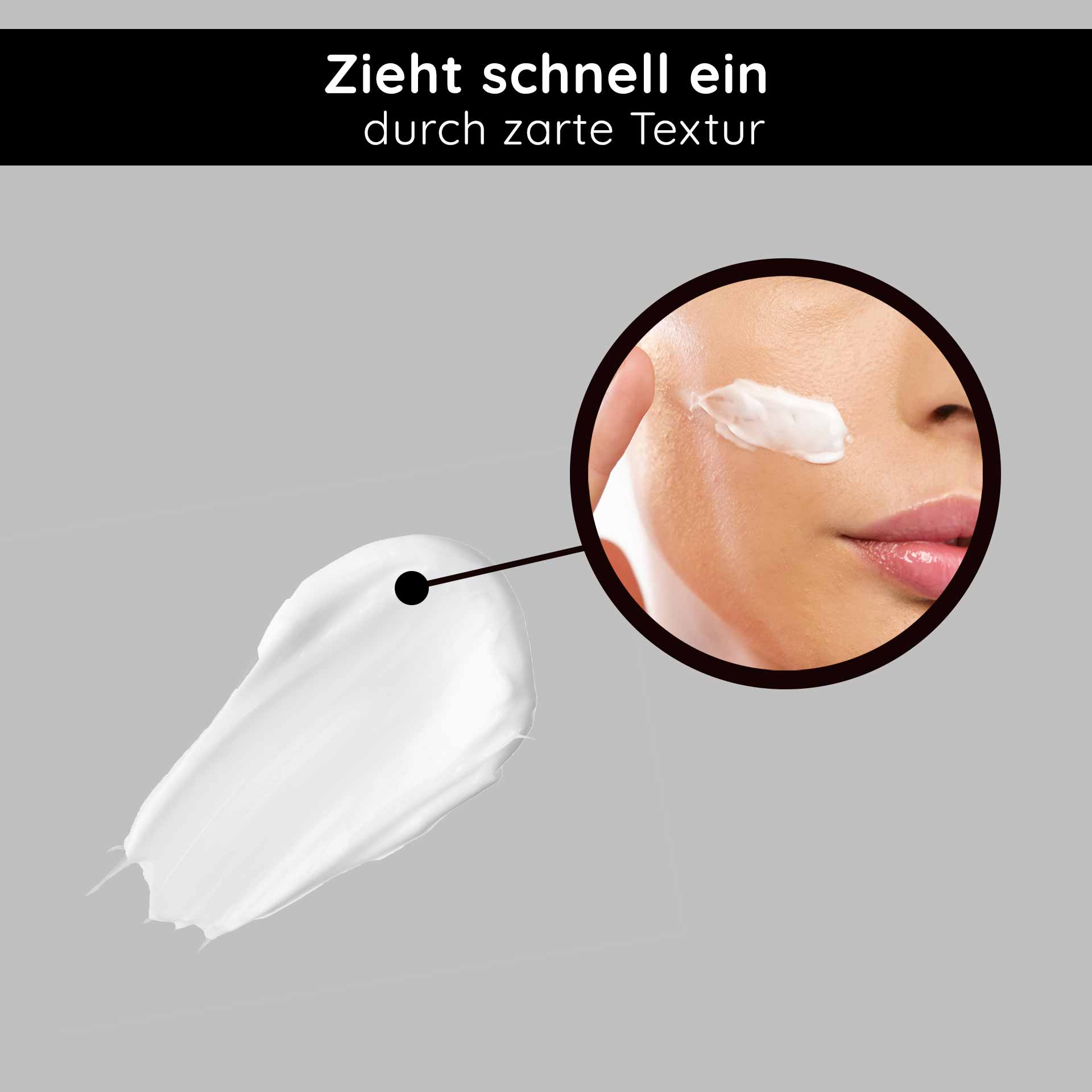Orient's Secret 200 мл с пудрой амнетиста Gesichtspflegecreme mit zarter Textur, die schnell einzieht, abgebildet auf grauem Hintergrund, mit Nahaufnahme auf Haut, die Creme aufträgt.