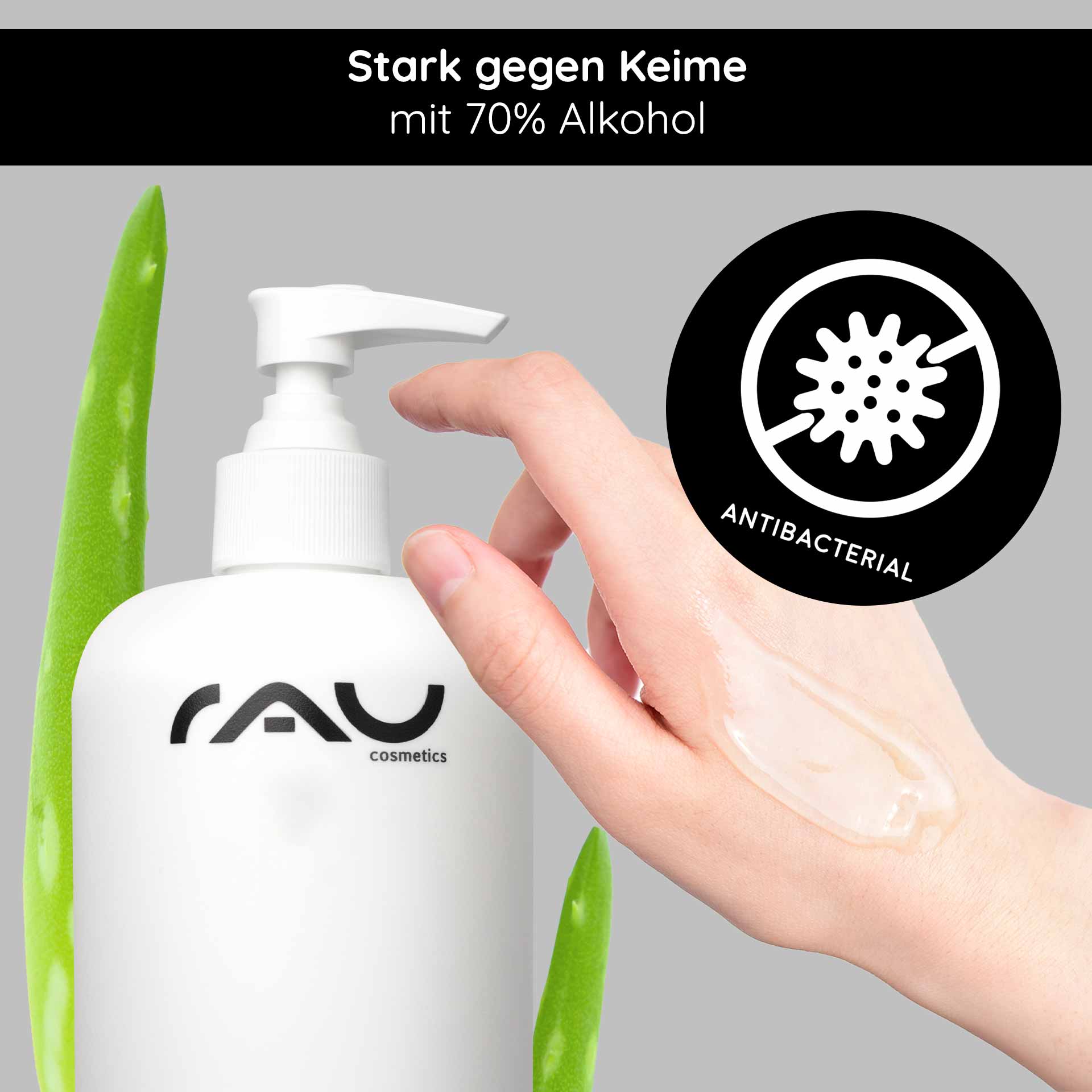 Очищающий гель для рук 500 мл Дезинфекция и уход RAU Hand Care Reinigungsgel mit 70 % Alkohol, Aloe Vera und einer Hand, die das Gel aufträgt, wobei die antibakteriellen Eigenschaften und die Hautpflege im Vordergrund stehen.
