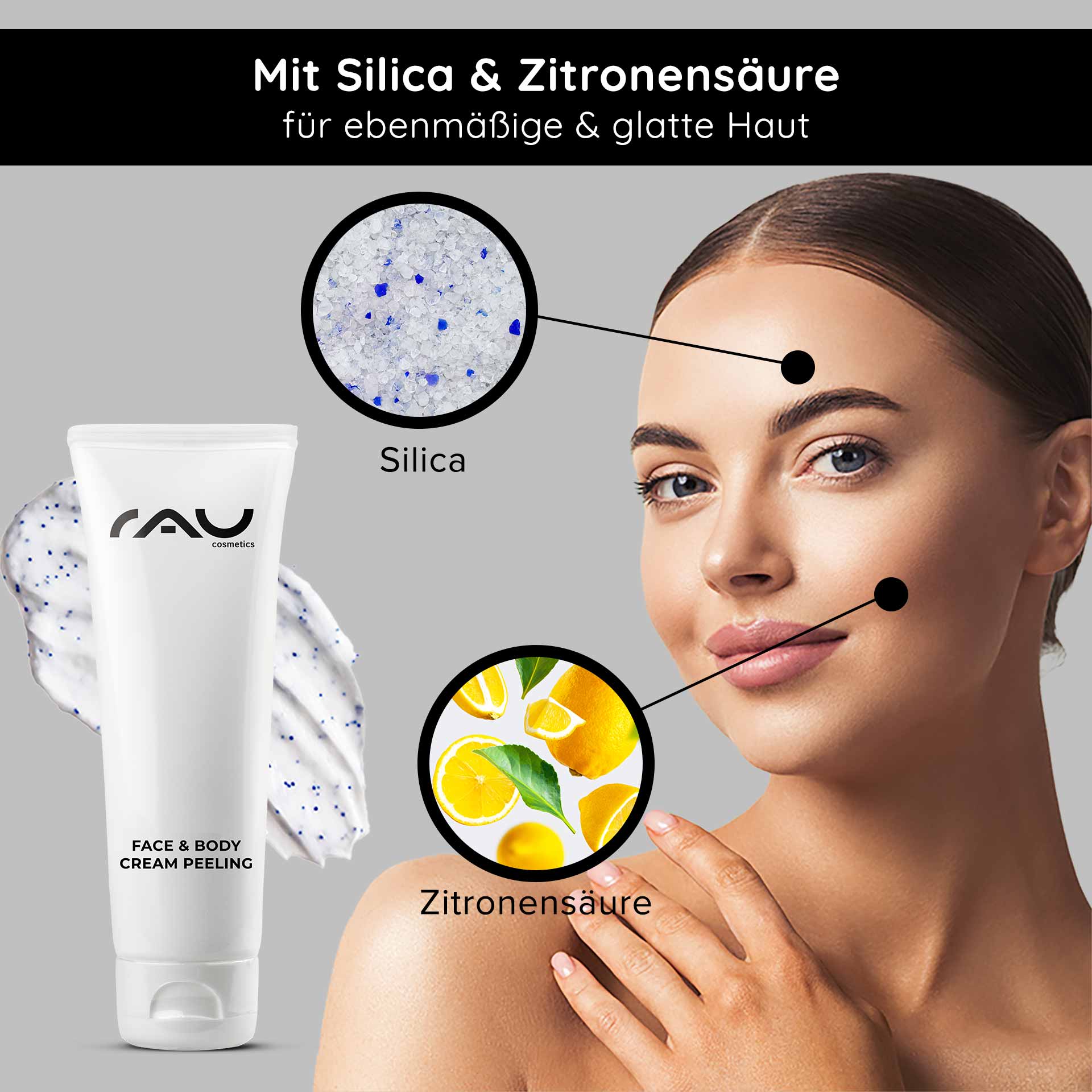 Крем-пилинг для лица и тела 75 мл Механический пилинг RAU Cosmetics Face & Body Cream Peeling-Tube mit Kieselsäure und Zitronensäure, die die Vorteile für glatte Haut zeigt, zusammen mit einem Modell, das die Anwendung des Produkts im Gesicht hervorhebt.