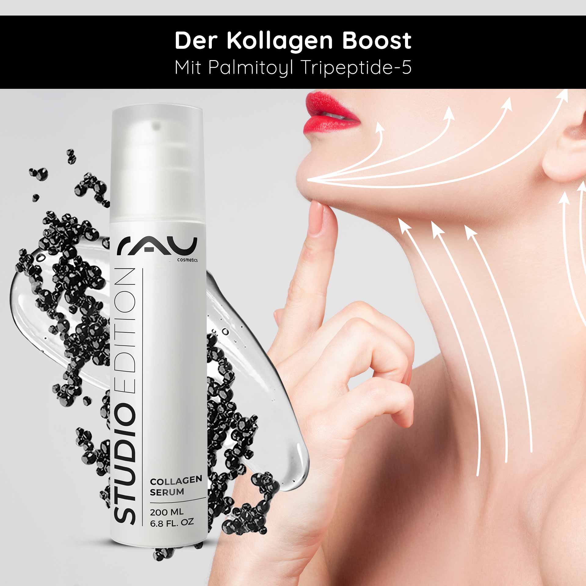 Caviar 24h Cream 200 мл Уход за кожей с экстрактом икры RAU Cosmetics Collagen Serum in einer eleganten Flasche mit Kaviarextrakt, das die Anti-Aging-Wirkung hervorhebt, wird mit Pfeilen auf die Haut aufgetragen, die den Lifting-Effekt anzeigen.