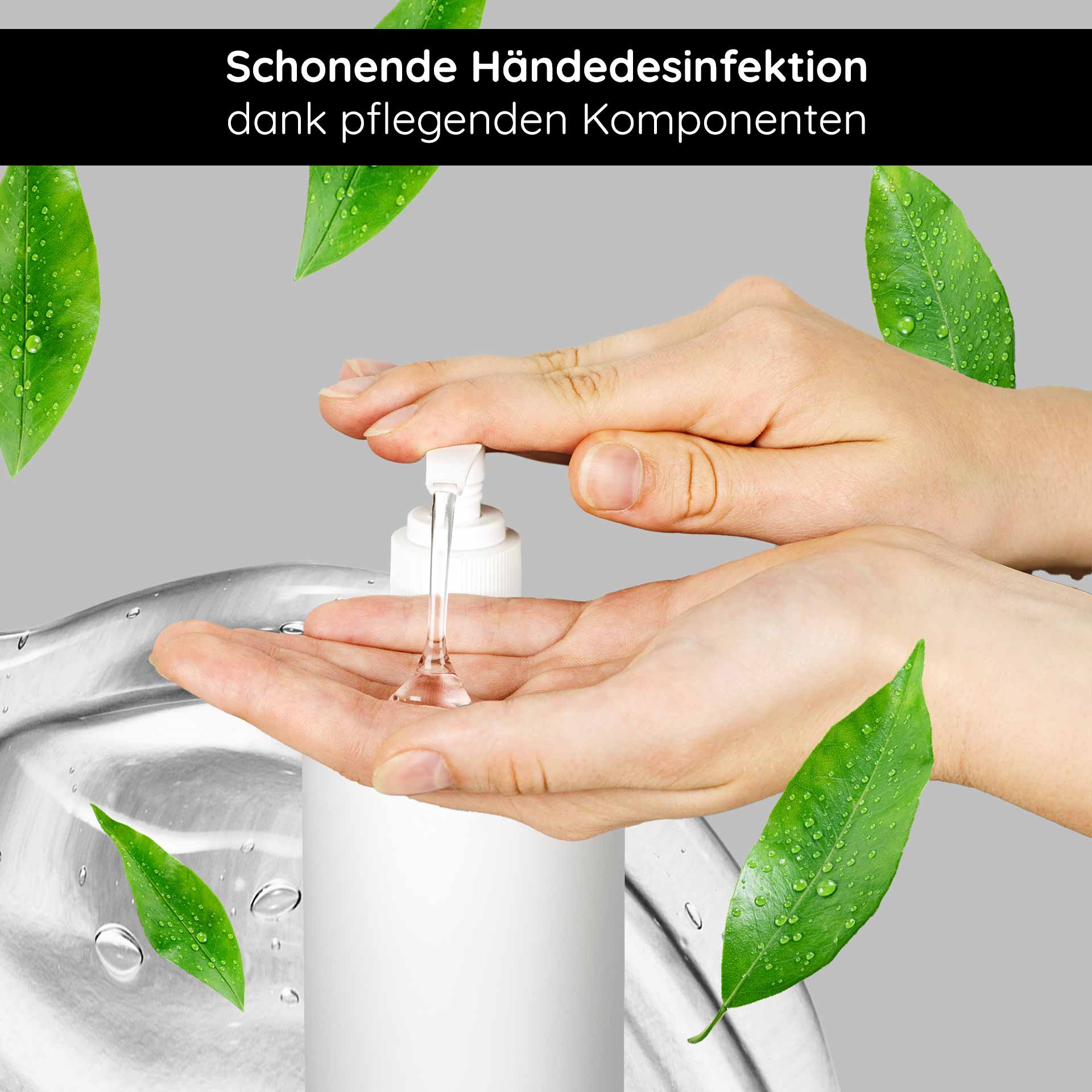 Очищающий гель для рук 500 мл Дезинфекция и уход Hände desinfizieren mit RAU Cosmetics Hand Care Cleansing Gel, sanfte Pflege und antibakterielle Wirkung, umgeben von grünen Blättern und Wassertropfen.