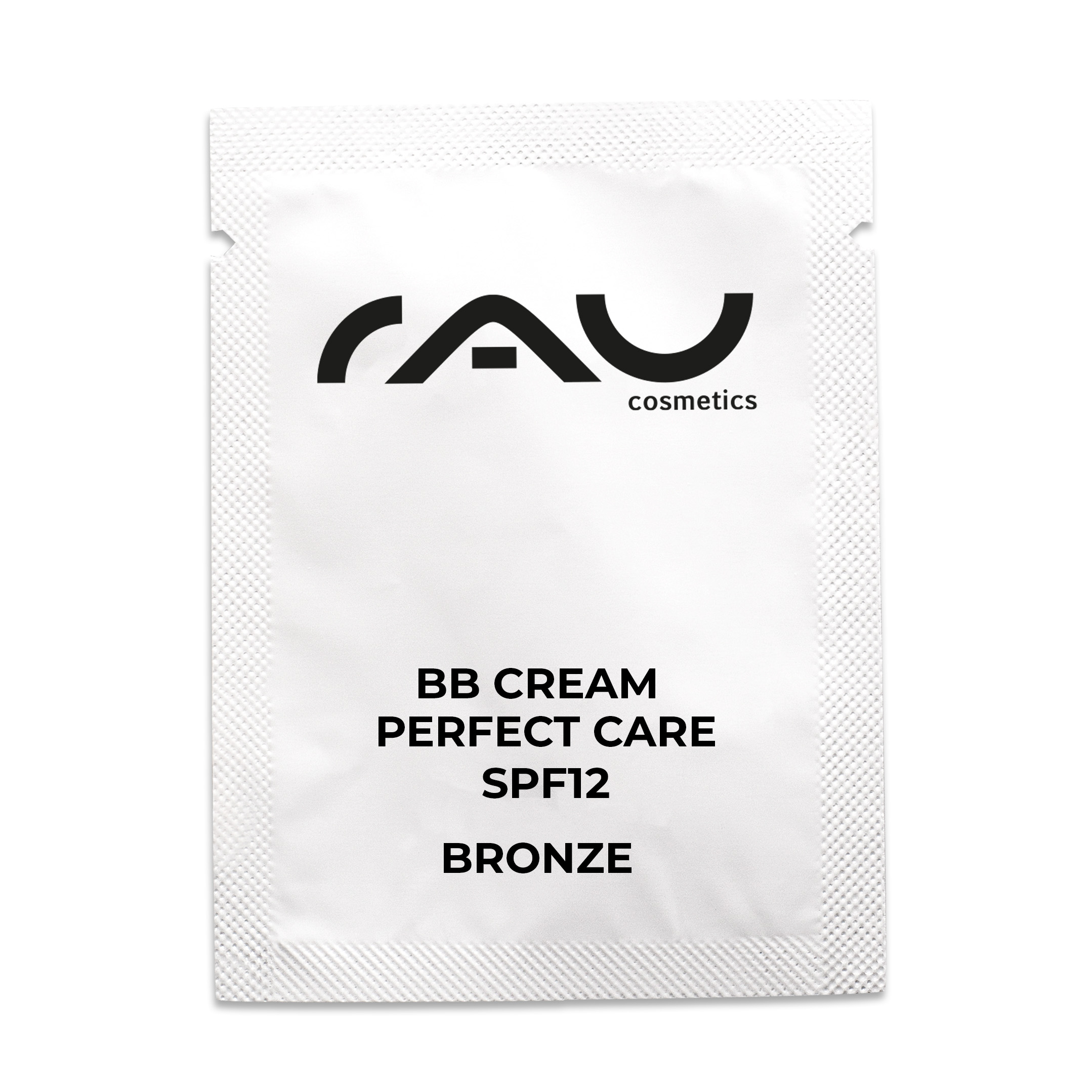 RAU BB Cream Perfect Care Bronze 8 ml - Уход за лицом и макияж в одном лице Beutel mit RAU BB Cream Perfect Care Bronze mit LSF 12, mit Markenlogo und Produktdetails, die die Vorteile für Hautpflege und Make-up hervorheben.