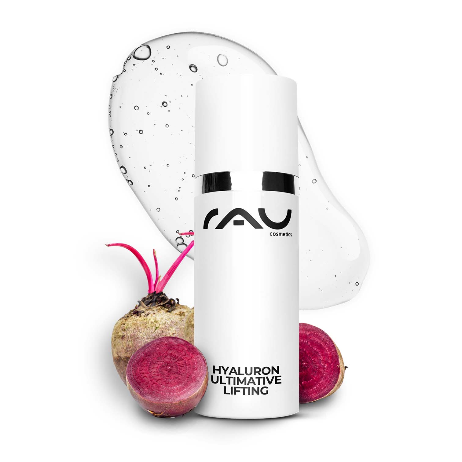 Hyaluron Ultimate Lifting 50 мл Гиалуроновый лифтинг-гель Hyaluron Ultimative Lifting Serum von RAU Cosmetics in weißer Flasche mit silbernem Deckel, umgeben von Rüben und einem feuchtigkeitsspendenden Gel, präsentiert als Anti-Aging Lösung für trockene Haut.