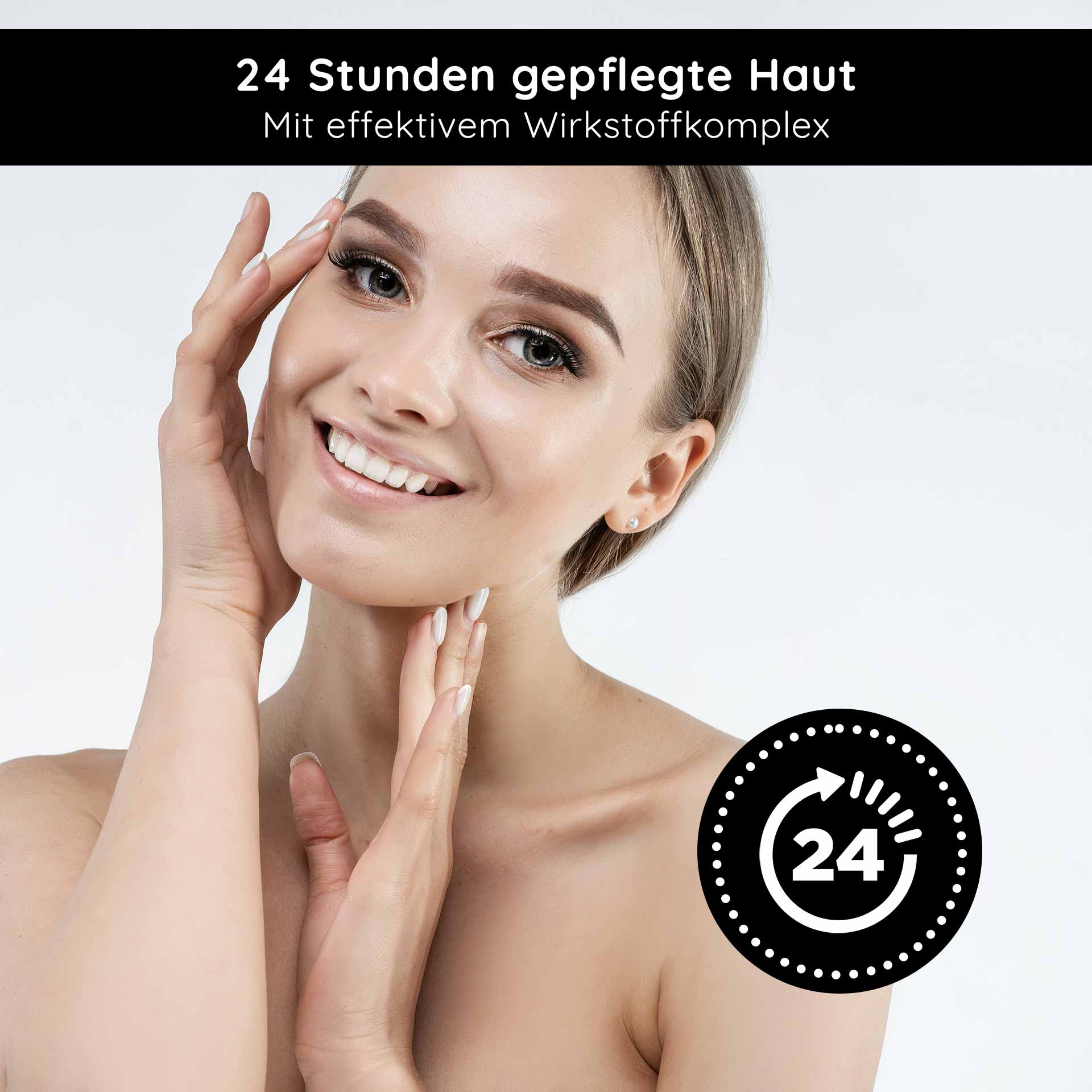 Caviar 24h Cream 50 мл Уход за кожей с экстрактом икры Frau mit gepflegtem Gesicht und lächelndem Ausdruck, präsentiert 24 Stunden Hautpflege mit effektivem Wirkstoffkomplex, geeignet für RAU Cosmetics Caviar 24h Cream.