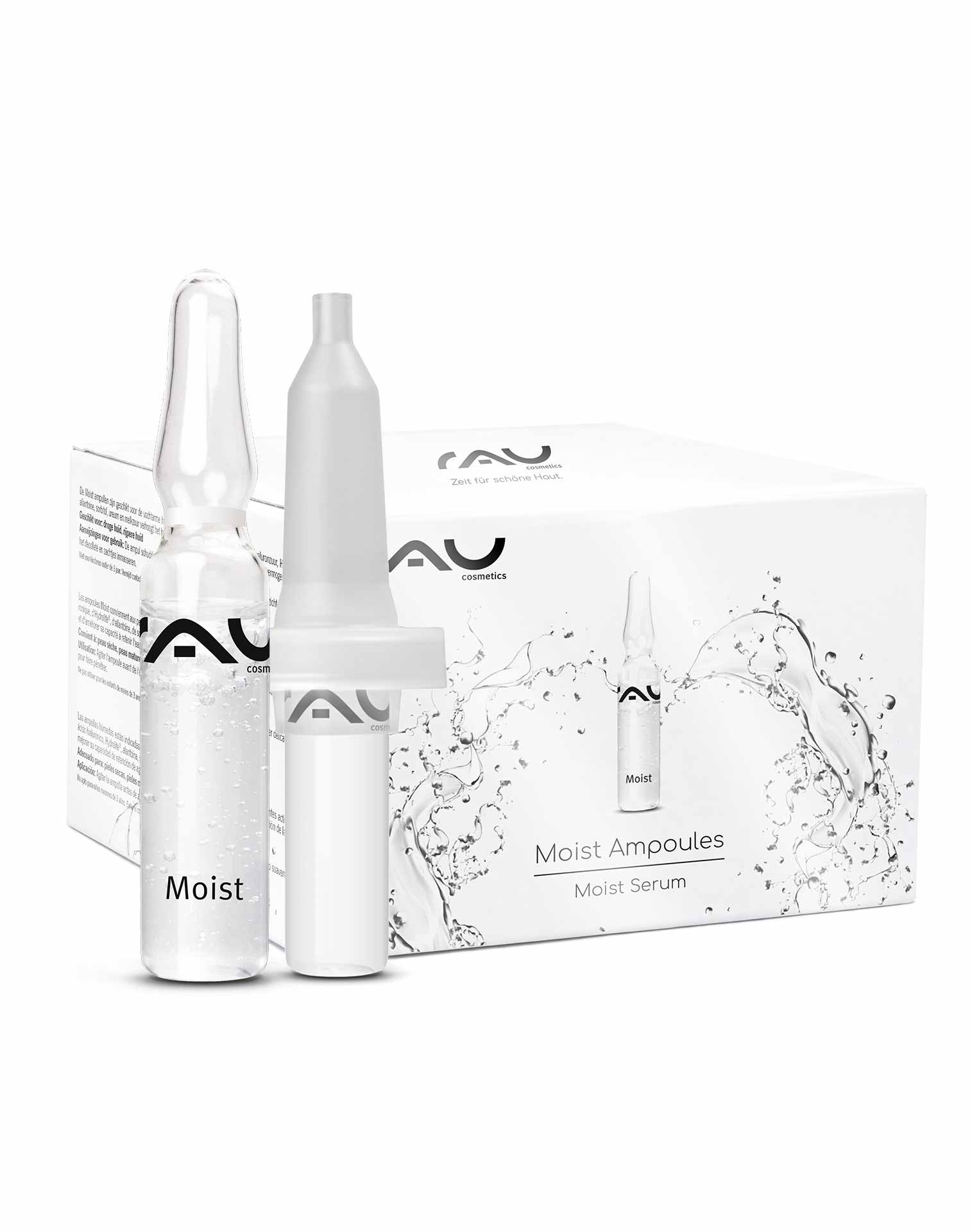 Увлажняющие ампулы 7x2 мл с аппликатором Hyaluron Booster RAU Cosmetics Moist Ampullen-Verpackung mit einer durchsichtigen Ampulle und einem Applikator, mit feuchtigkeitsspendendem Serum für trockene und reife Haut.