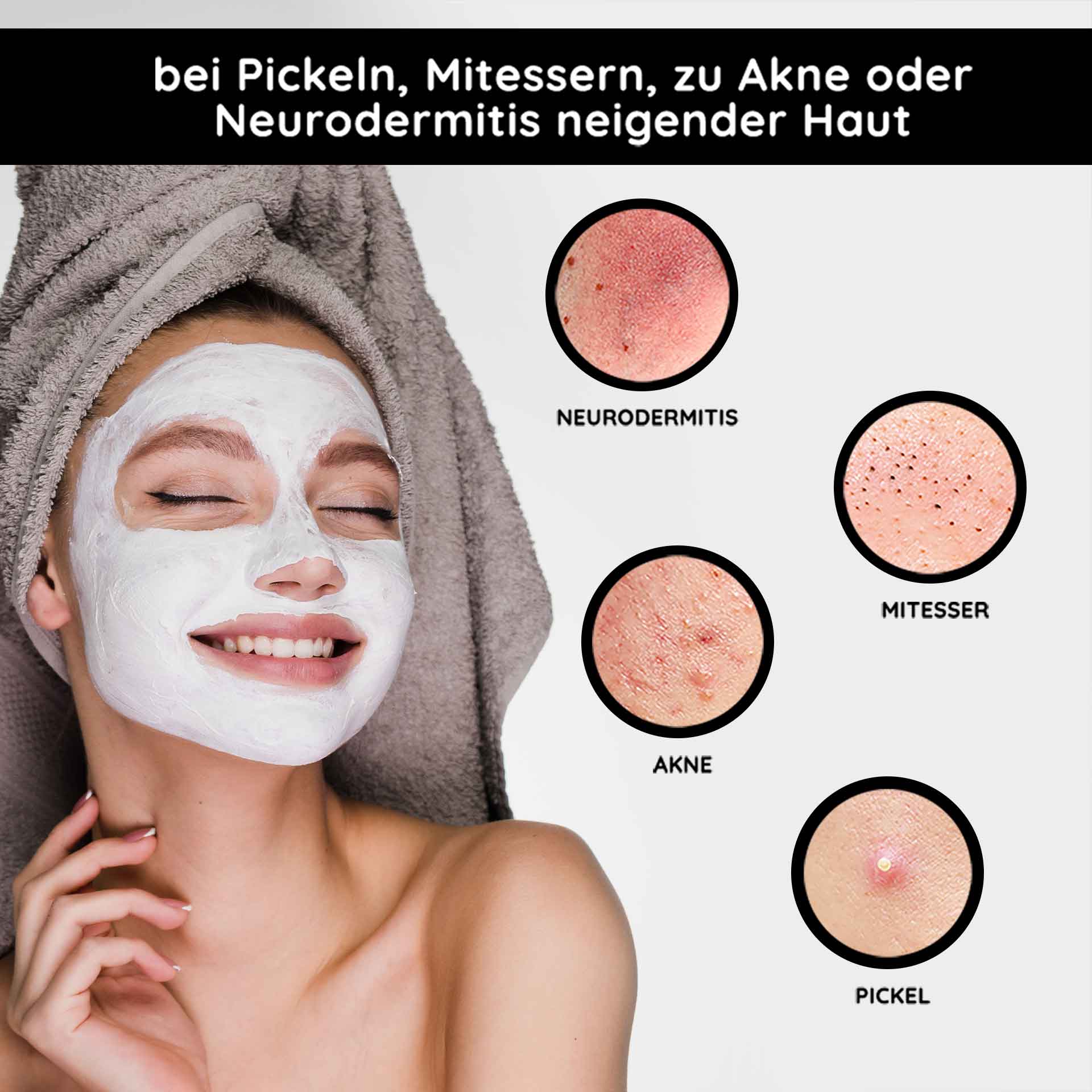 Маска для лица Mineral Mask 50 мл Матирующая маска для лица Lächelnde Frau mit Gesichtsmaske zur Hautpflege, umgeben von Bildern von Hautproblemen wie Akne, Mitessern und Neurodermitis, präsentiert die Vorteile der RAU Cosmetics Mineral Mask für problematische Haut.