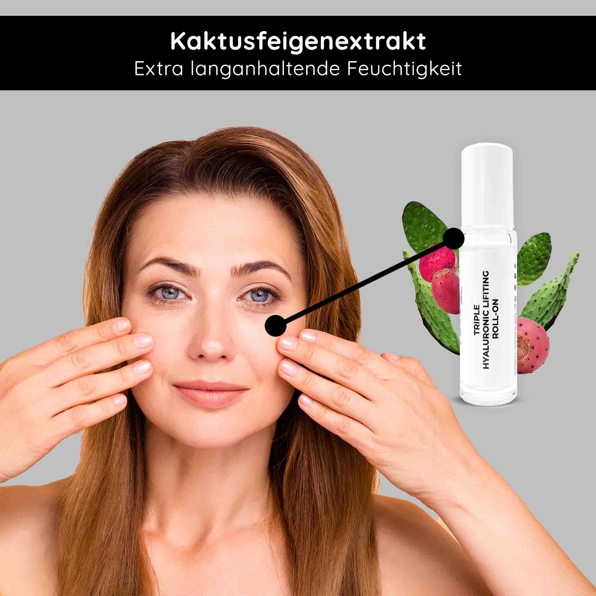 Ампулы с гиалуроновой кислотой 10х2 мл 3-кратного действия Frau mit glatter Haut, die Triple Hyaluronic Lifting Roll-On auf das Gesicht aufträgt, um extra langanhaltende Feuchtigkeit und Anti-Aging-Effekte mit Kaktusfeigenextrakt zu erzielen.