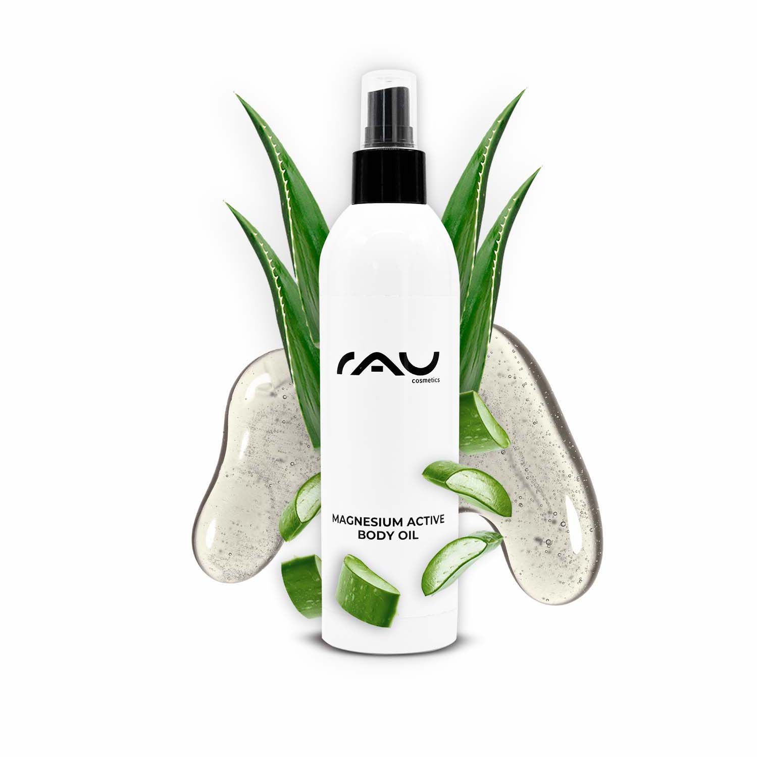 Flasche RAU Magnesium Active Body Oil mit Aloe-Vera-Blättern, fördert die Hautpflege für die Muskelregeneration und die Gesundheit der Mitochondrien.
