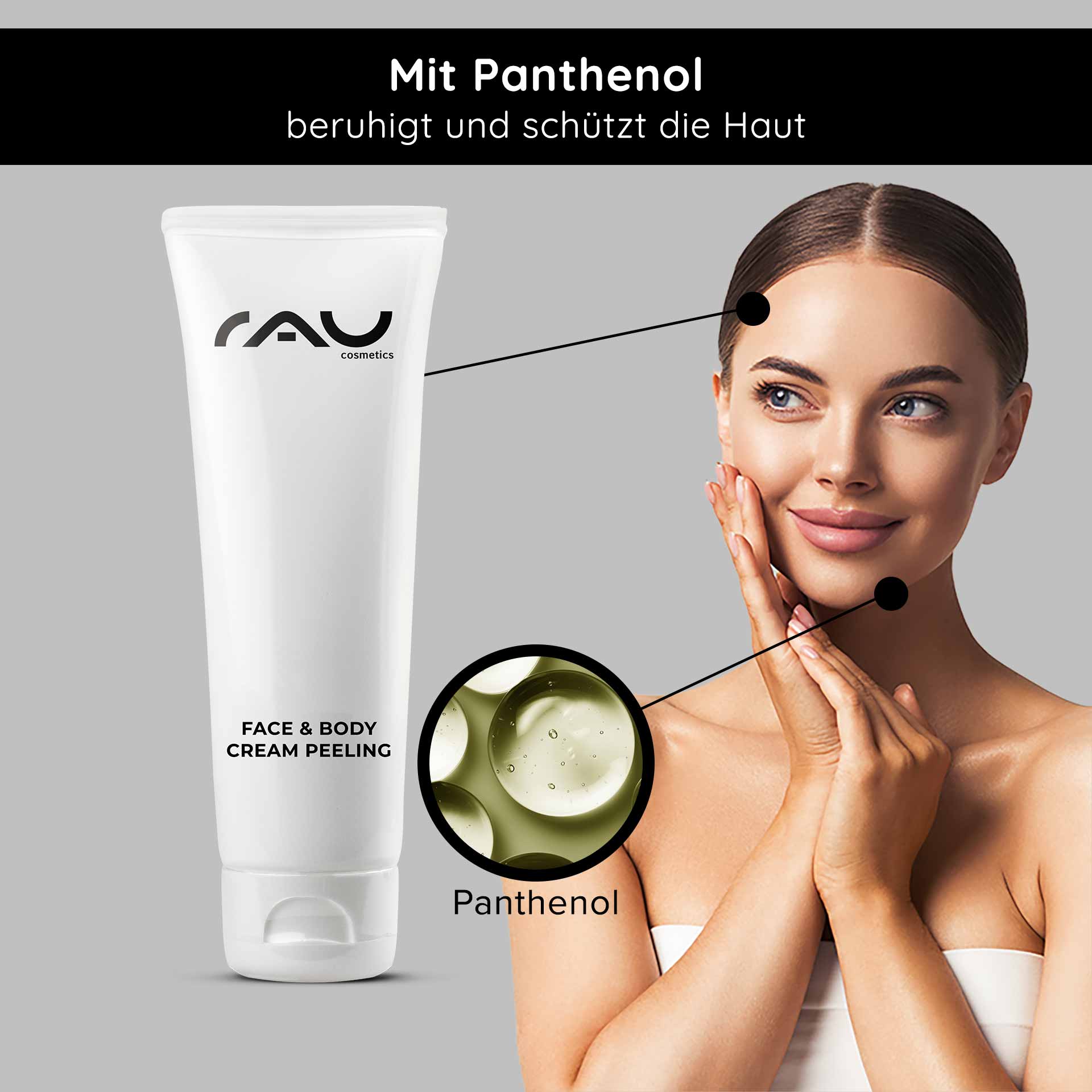 Крем-пилинг для лица и тела 75 мл Механический пилинг RAU Cosmetics Face & Body Cream Peeling-Tube mit Panthenol, Frau trägt Produkt auf ihr Gesicht auf und betont die Vorteile für die Hautpflege.