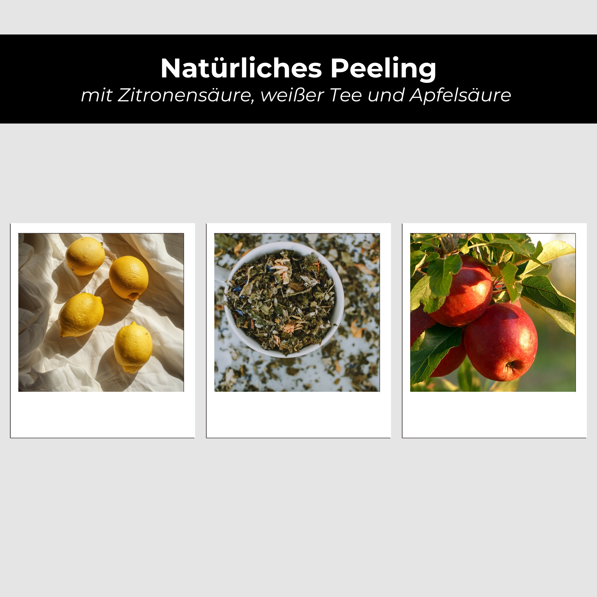 Natürliche Peeling-Zutaten: frische Zitronen, Kräutermischung in Schüssel, rote Äpfel am Baum.