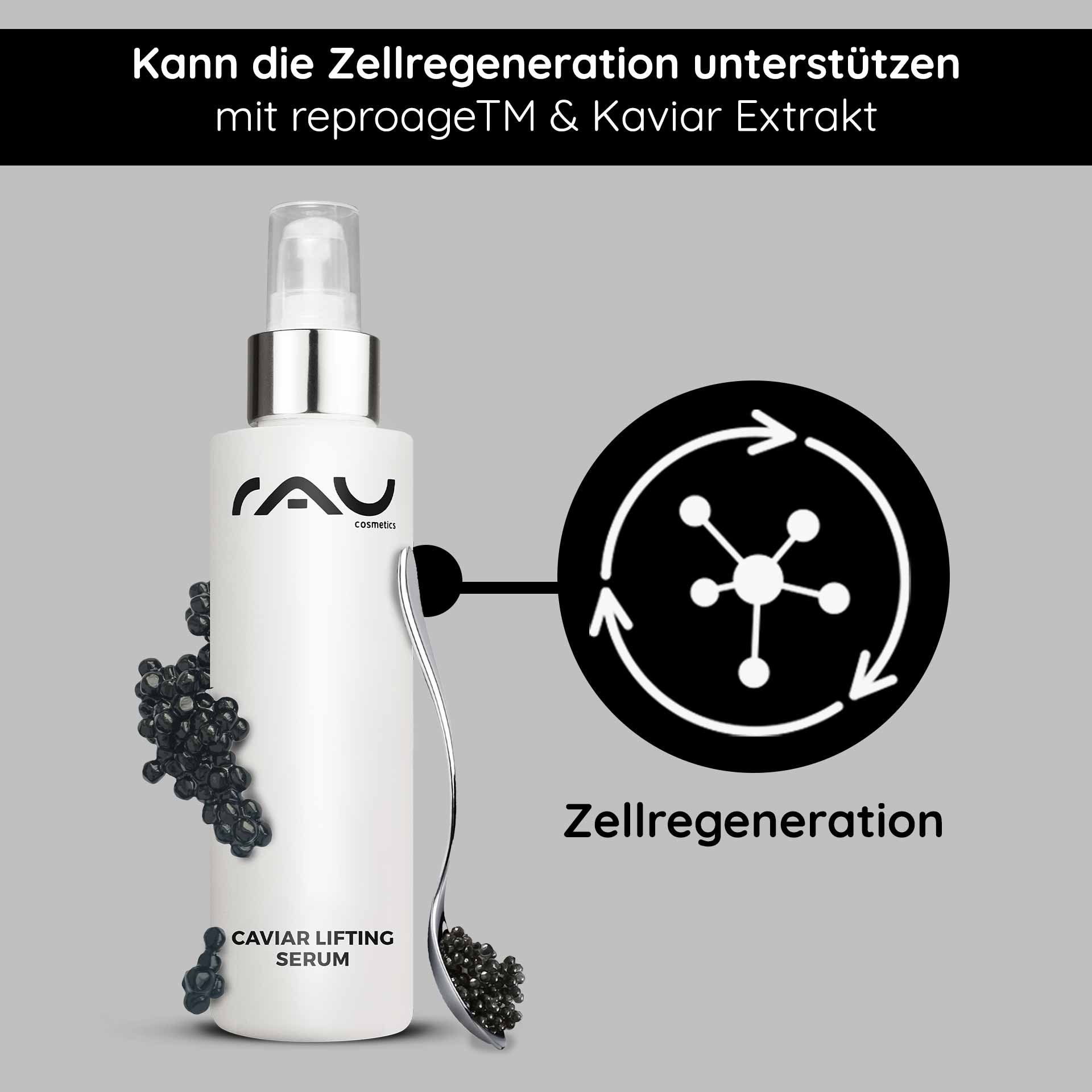 Сыворотка Caviar Lifting Serum 100 мл с экстрактом репейника и икры Caviar Lifting Serum von RAU Cosmetics mit Kaviarextrakt und reproageTM, fördert die Zellregeneration, präsentiert in eleganter Flasche mit Applikator.