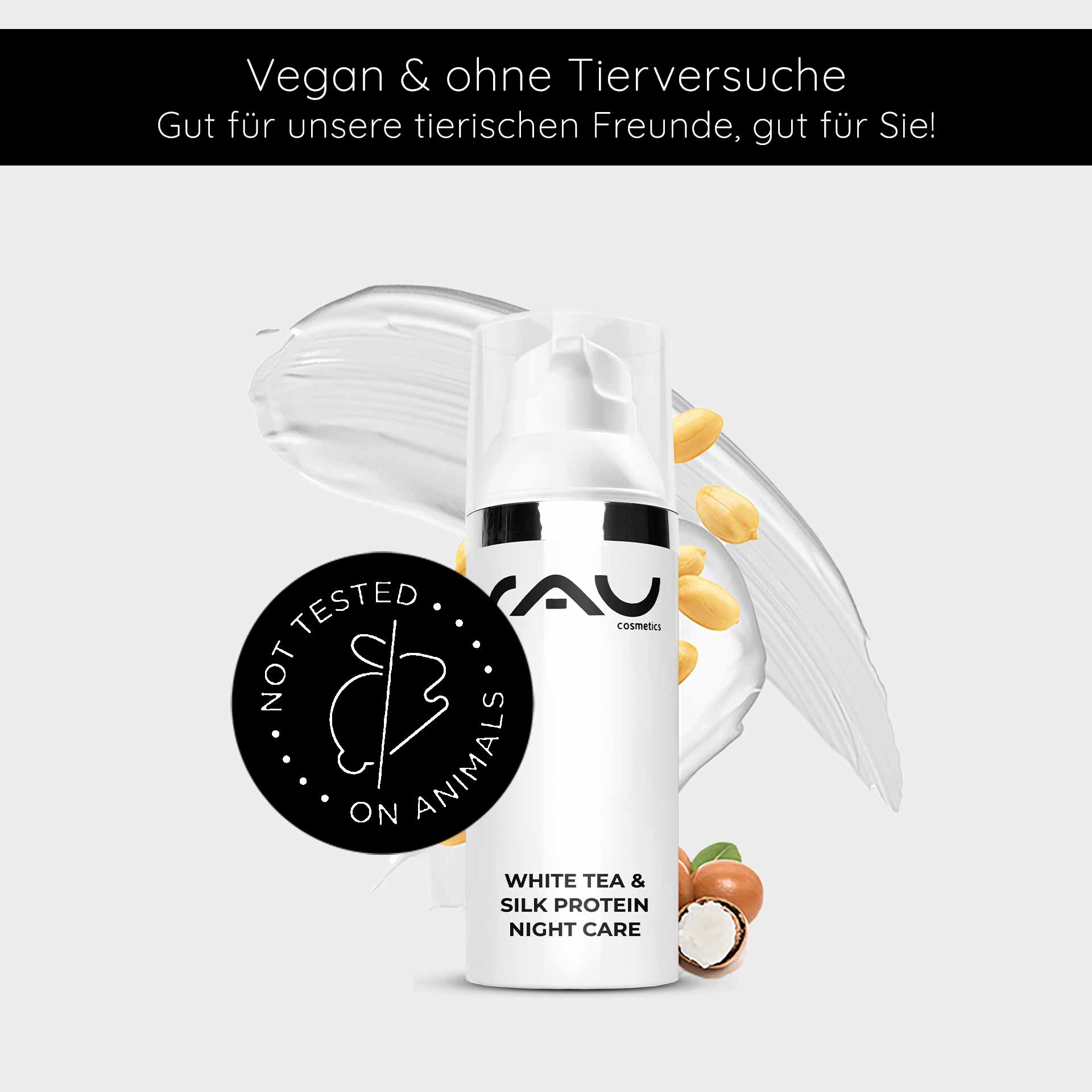 Ночной крем "Белый чай и протеины шелка" 50 мл RAU Cosmetics White Tea & Silk Protein Nachtpflegecreme in einer eleganten Flasche mit dem Logo „Nicht an Tieren getestet“ und einem Hintergrund aus cremiger Textur und Nüssen, der die vegane Hautpflege für die Feuchtigkeitsversorgung und Regeneration im
