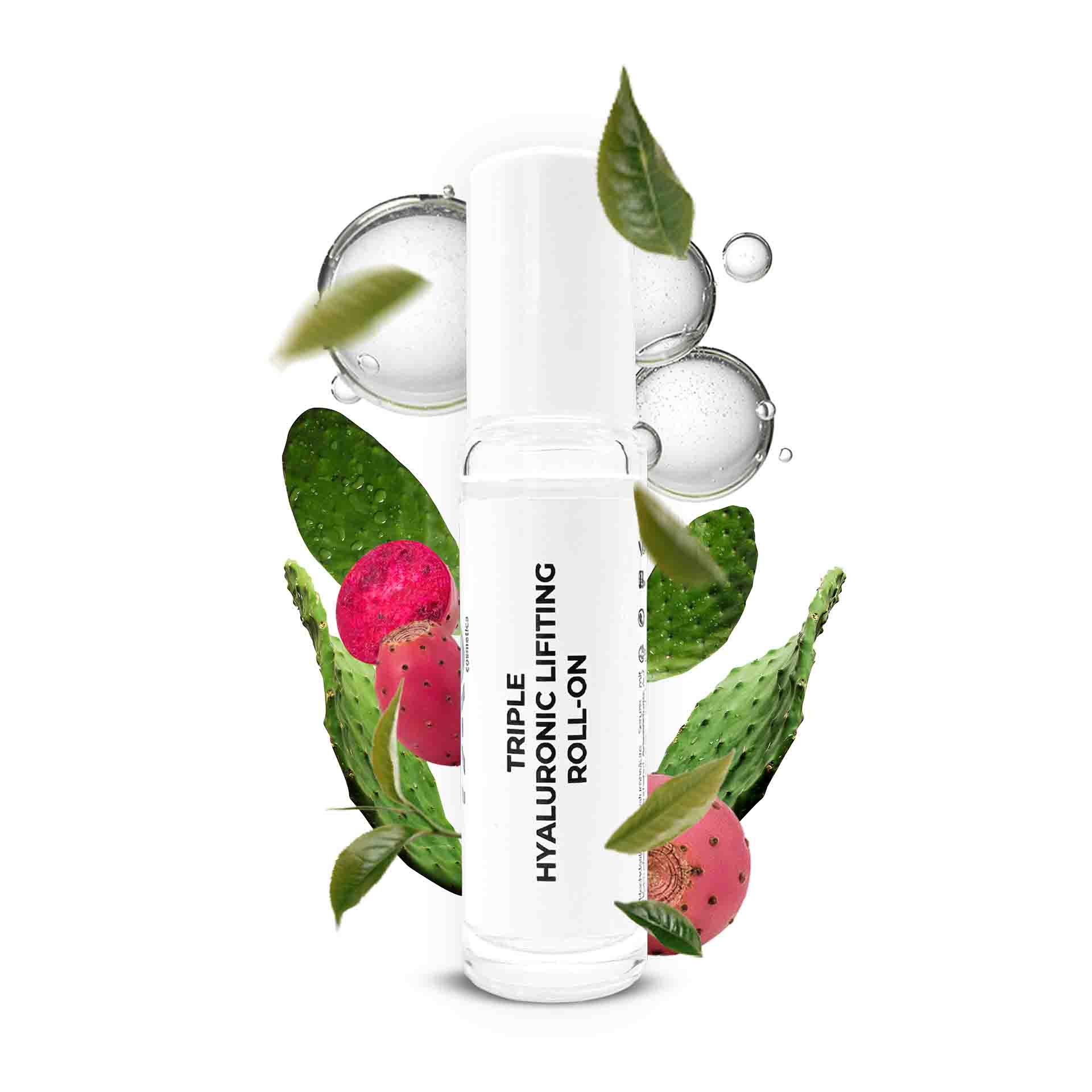 Ампулы с гиалуроновой кислотой 10х2 мл 3-кратного действия Dreifach-Hyaluron-Lifting-Roll-On-Serum mit Kaktusextrakt und drei Hyaluronsäurearten, umgeben von grünen Blättern und rosa Kaktusfrüchten, für tiefe Feuchtigkeitsversorgung und Anti-Aging-Vorteile.