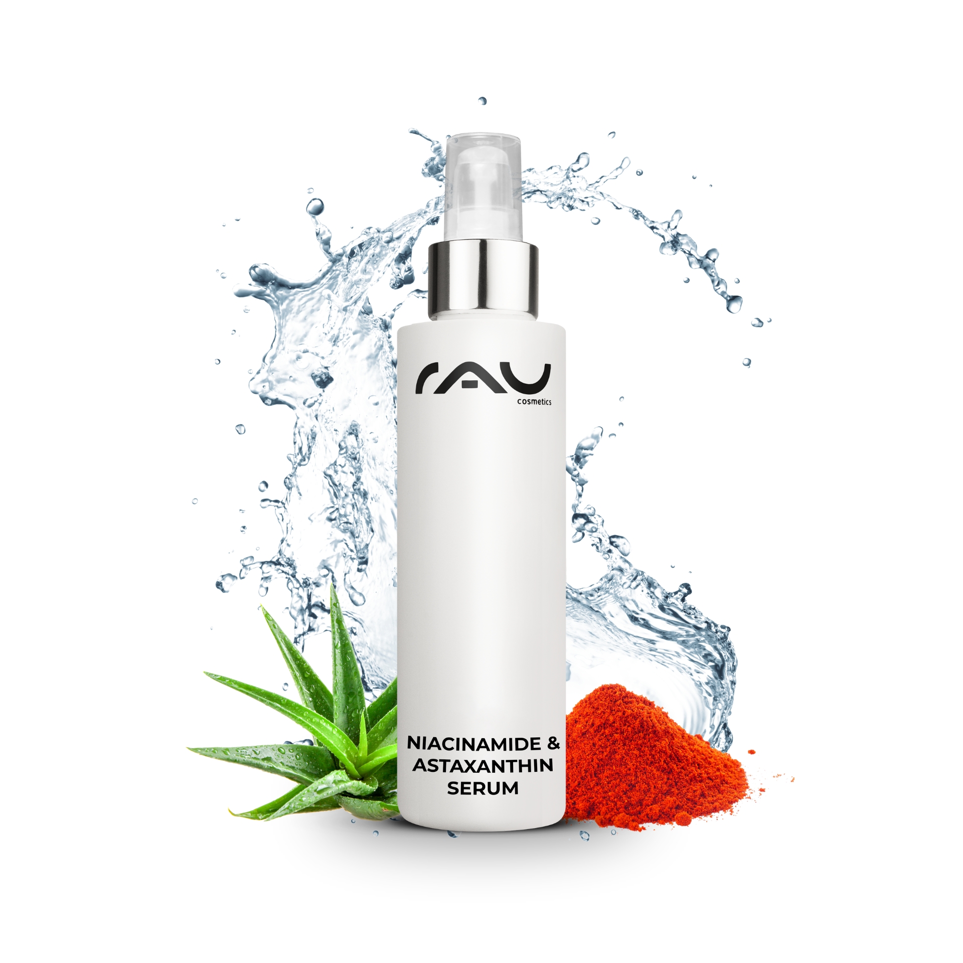 Flasche Niacinamid- und Astaxanthin-Serum mit Aloe Vera und Astaxanthin-Pulver, umgeben von Wasserspritzern, die die feuchtigkeitsspendenden und hautverbessernden Vorteile hervorheben.