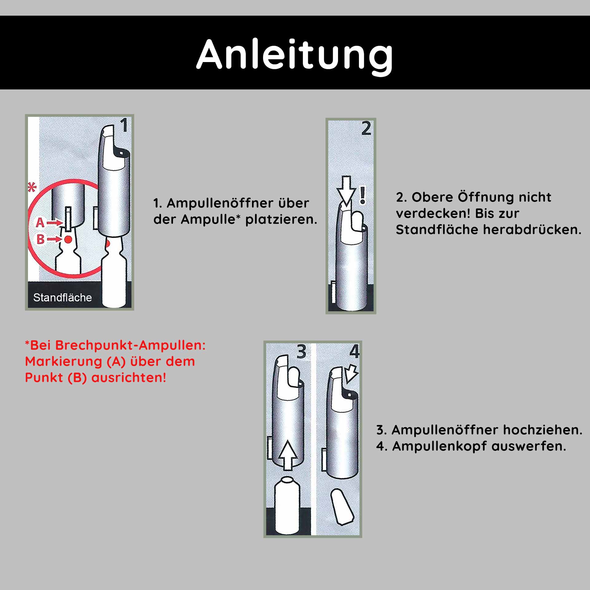 Открыватель ампул для ампул с эметиком объемом 2 мл Ampullenöffner für 2 ml Glasampullen, Anleitung zur sicheren Anwendung, robuster Kunststoff, einfache Handhabung, minimiertes Verletzungsrisiko, Schritt-für-Schritt-Anleitung zur Öffnung von Ampullen.