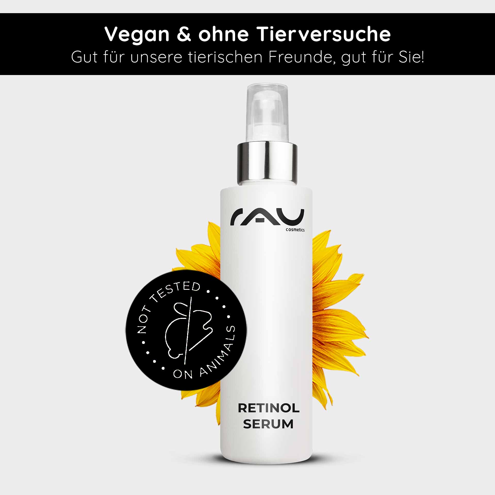 Сыворотка с ретинолом 100 мл - сыворотка с витамином А для сухой и зрелой кожи Retinol Serum von RAU Cosmetics in einer weißen Flasche mit Sprühkopf, umgeben von einer Sonnenblume, mit dem Hinweis "Vegan & ohne Tierversuche" und "Nicht an Tieren getestet".
