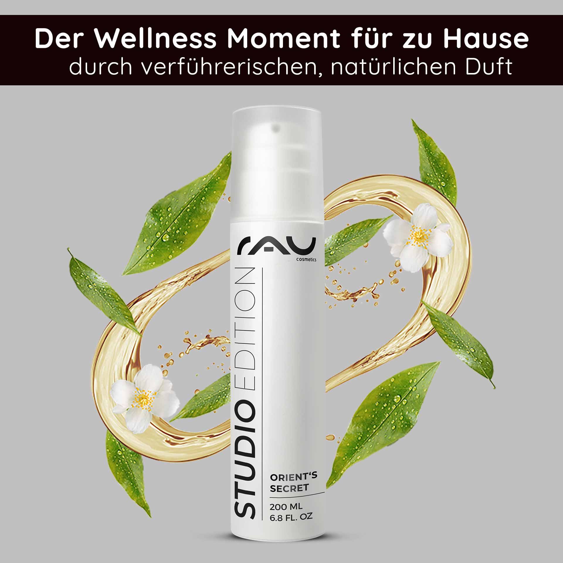 Orient's Secret 200 мл с пудрой амнетиста Gesichtscreme Orient's Secret von RAU Cosmetics in 200 ml, umgeben von natürlichen Zutaten wie Blüten und Blättern, betont die pflegenden Eigenschaften und den frischen Duft.