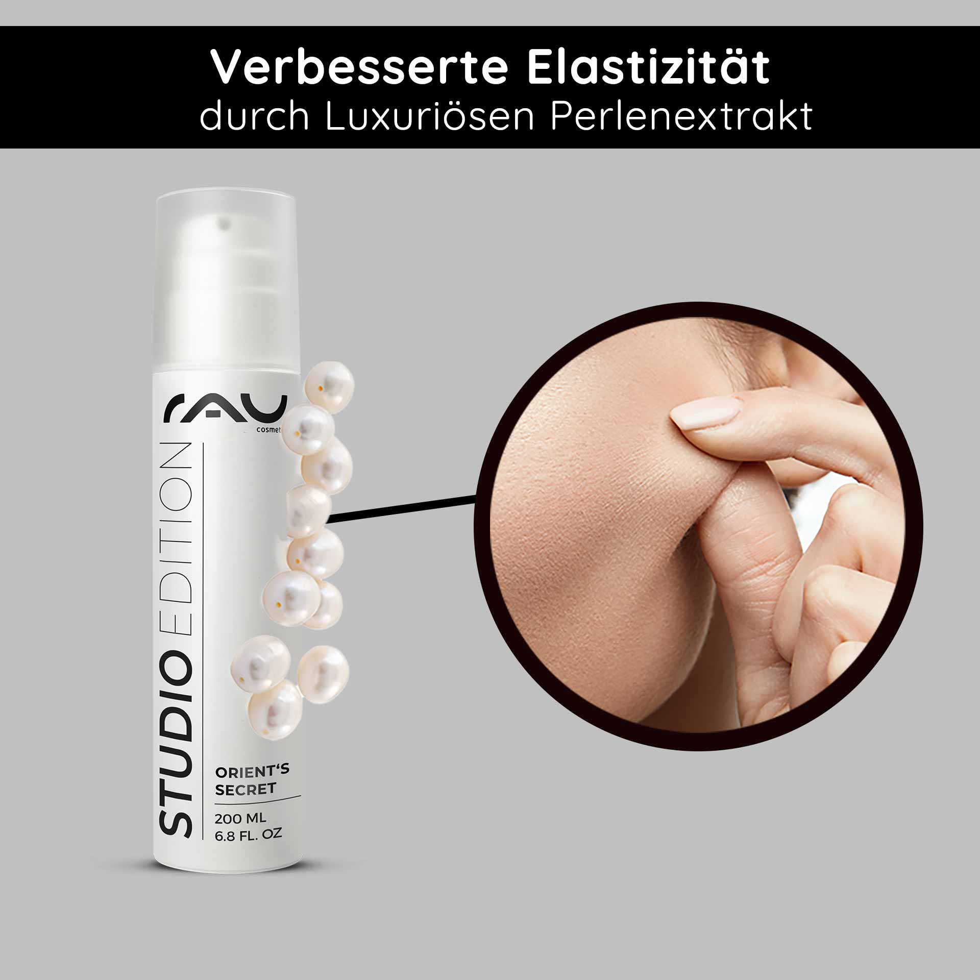 Orient's Secret 200 мл с пудрой амнетиста Eine Flasche Gesichtscreme „Orient‘s Secret“ von RAU Cosmetics mit luxuriösem Perlenextrakt, die die verbesserte Hautelastizität hervorhebt, und eine Nahaufnahme einer Hand, die sanft in die glatte Haut kneift.