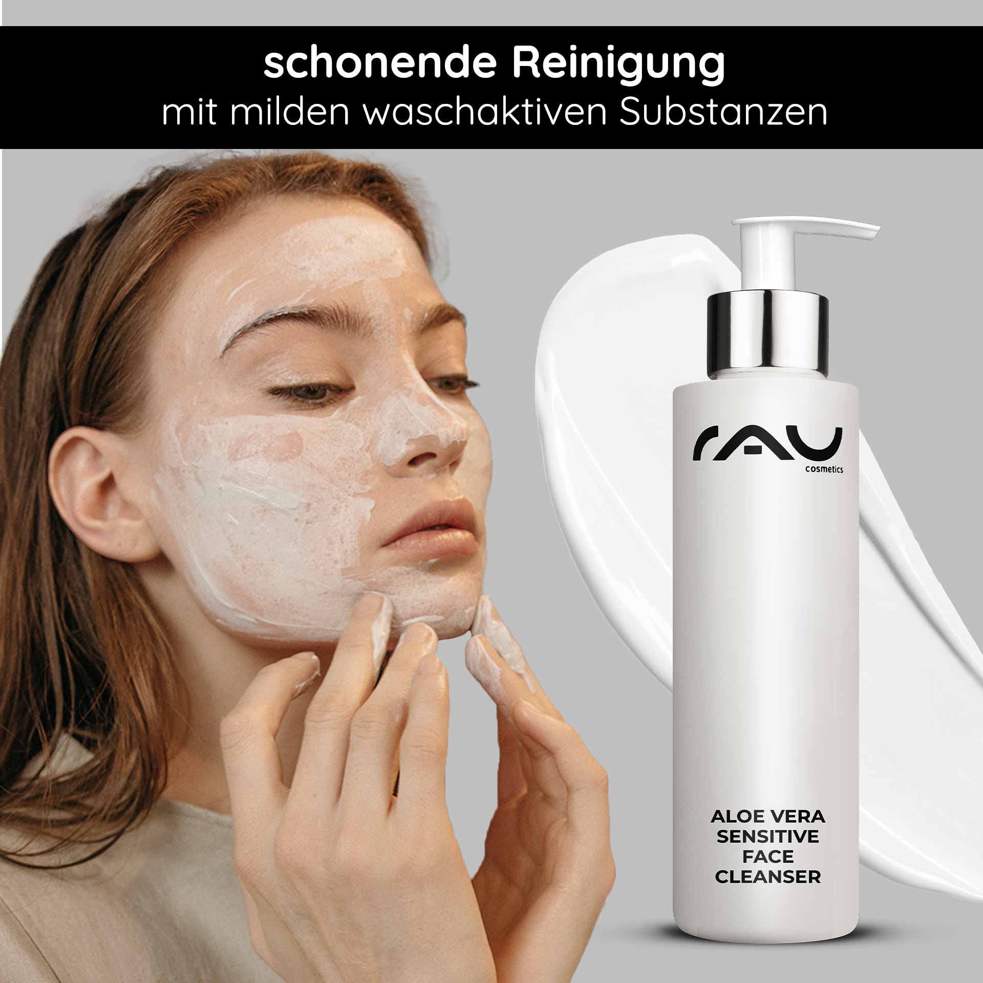 Aloe Vera Sensitive Face Cleanser 200 мл Очищающее средство Frau mit Gesichtsmaske und Aloe Vera Sensitive Face Cleanser von RAU Cosmetics, sanfte Reinigung für empfindliche Haut, milde waschaktive Substanzen.