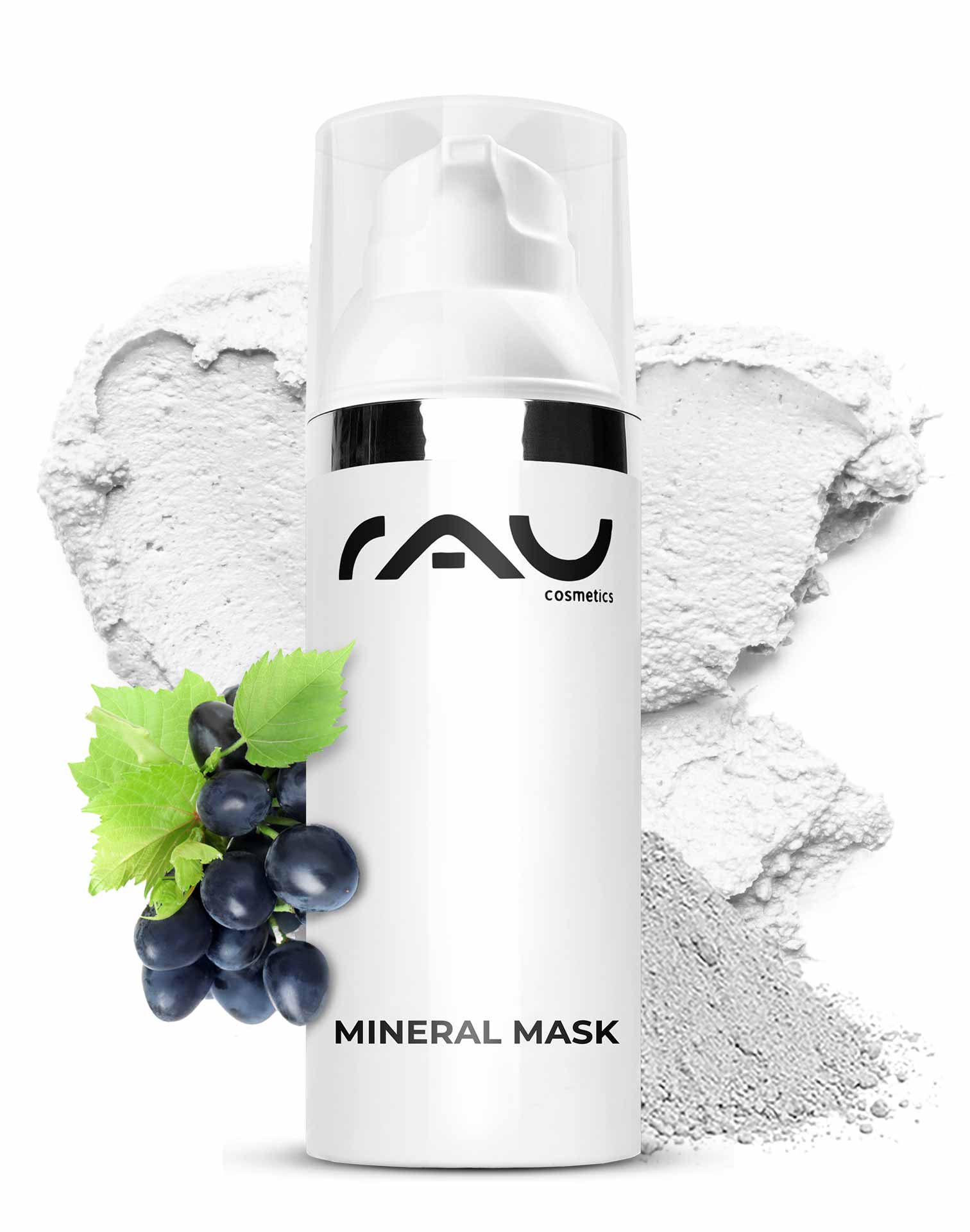 Маска для лица Mineral Mask 50 мл Матирующая маска для лица Mineral Mask von RAU Cosmetics in einer eleganten Verpackung mit Pflanzenmotiven, umgeben von Rügener Heilkreide, ideal für unreine und empfindliche Haut, unterstützt die Hautregeneration und mattiert.