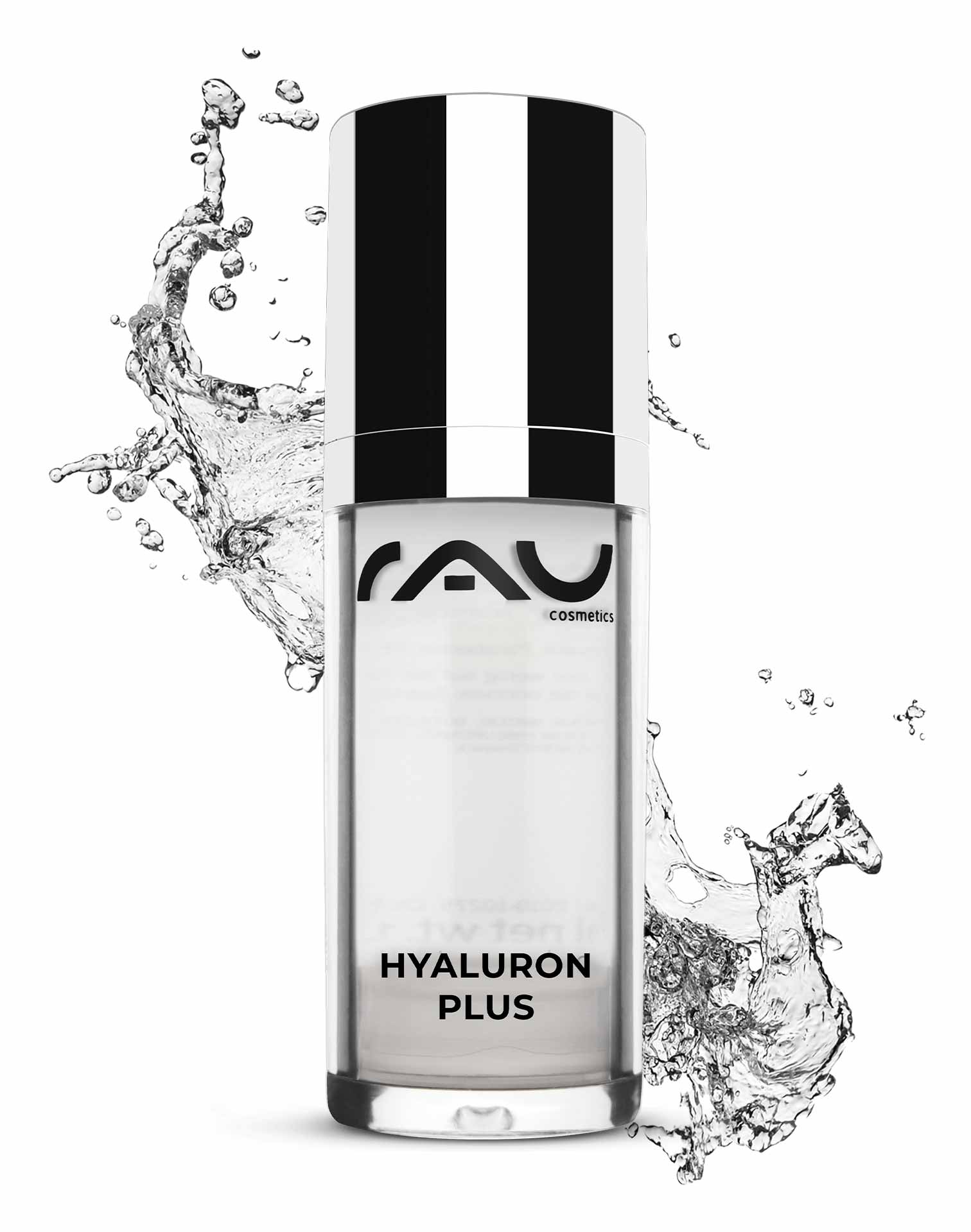 Гель для мгновенного лифтинга Hyaluron Plus 30 мл RAU Cosmetics Hyaluron Plus Serumflasche mit Splash-Effekt, die Anti-Aging-Eigenschaften und Eignung für trockene, reife Haut hervorhebt.