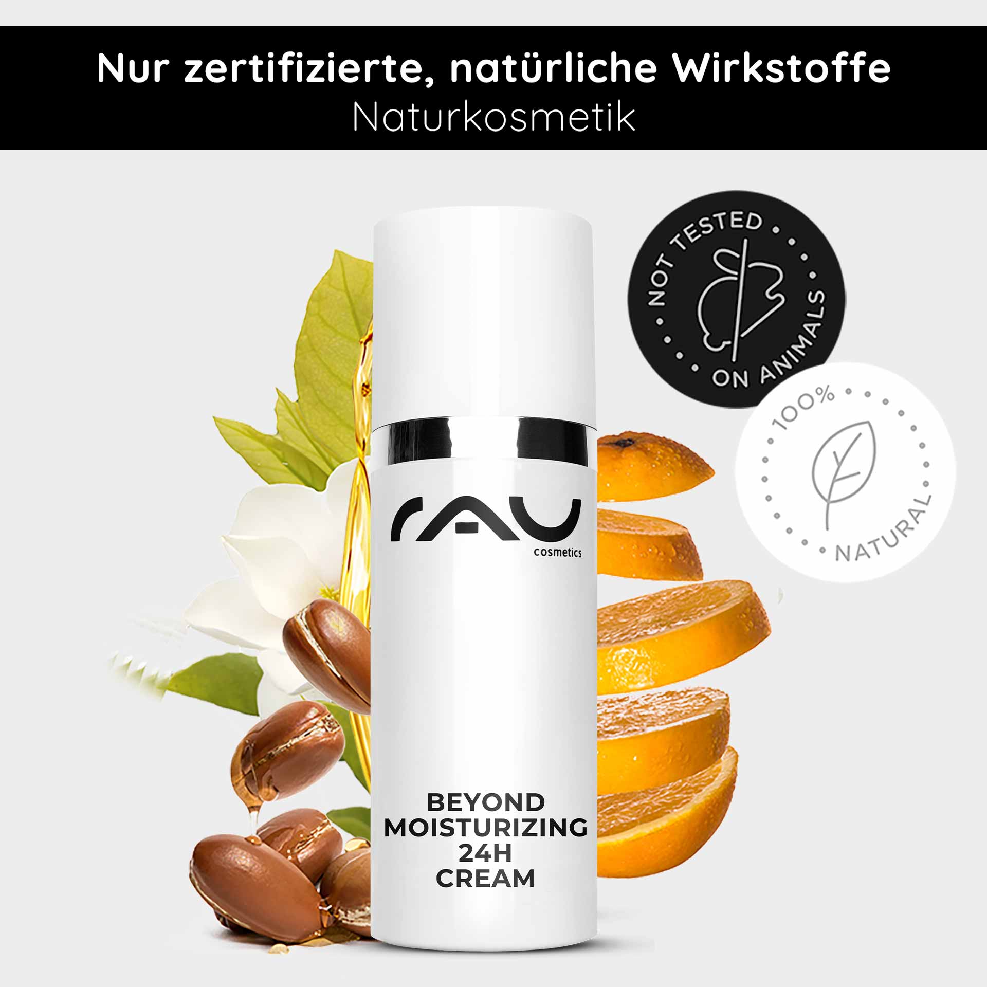 Крем Beyond Moisturizing 24h Cream 50 мл Натуральная косметика Крем Flasche der Beyond Moisturizing 24H Cream von RAU Cosmetics mit natürlichen Inhaltsstoffen wie Arganöl und Zitrusscheiben, mit den Aufschriften „100 % NATÜRLICH“ und „NICHT AN TIEREN GETESTET“, die die Vorteile für die Hautpflege hervorheben.